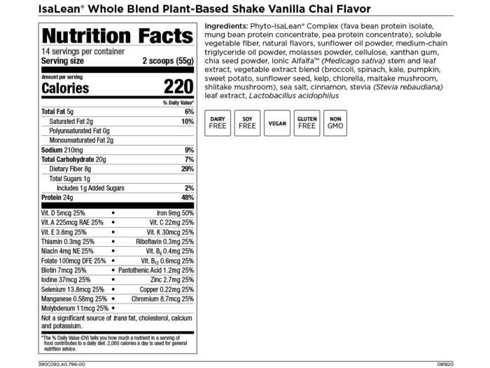 Isagenix Whole Blend IsaLean Shakes Vanilla Chai Nutrition Facts
